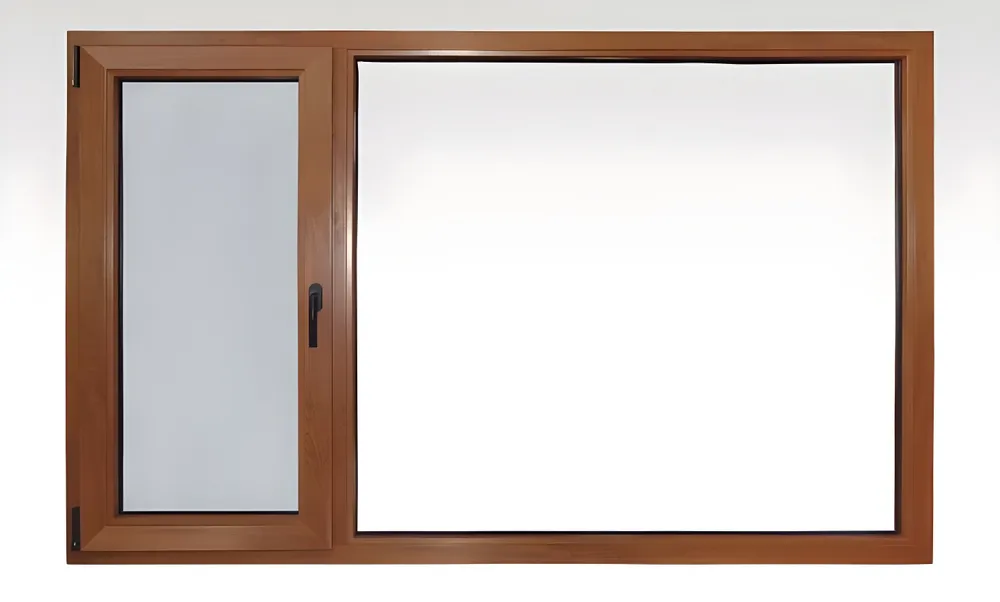Ventana patagónica oscilobatiente con paño fijo, color roble dorado