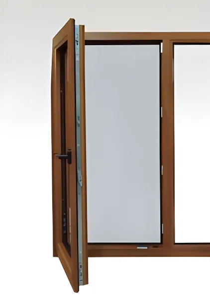 Ventana patagónica oscilobatiente con paño fijo, color roble dorado (detalle)