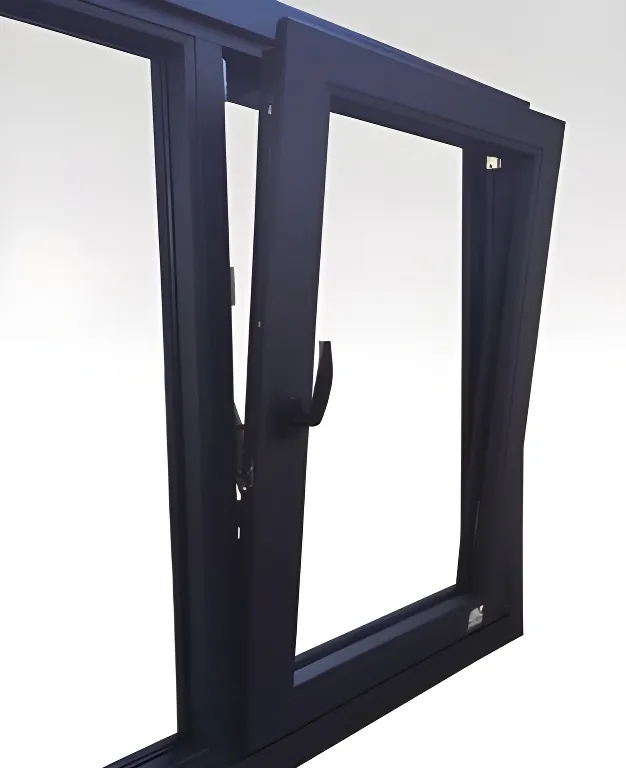 Ventana patagónica oscilobatiente con paño fijo, color negro mate (detalle)