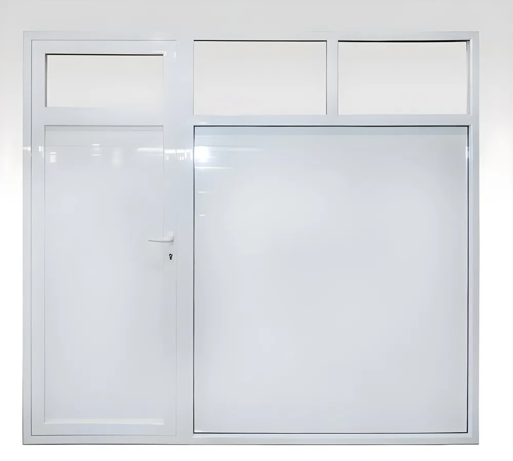 Portón levadizo con puerta de escape, color blanco