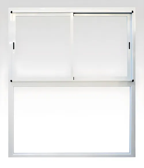 Ventana corrediza 2 hojas con paño fijo inferior, color blanco brillante